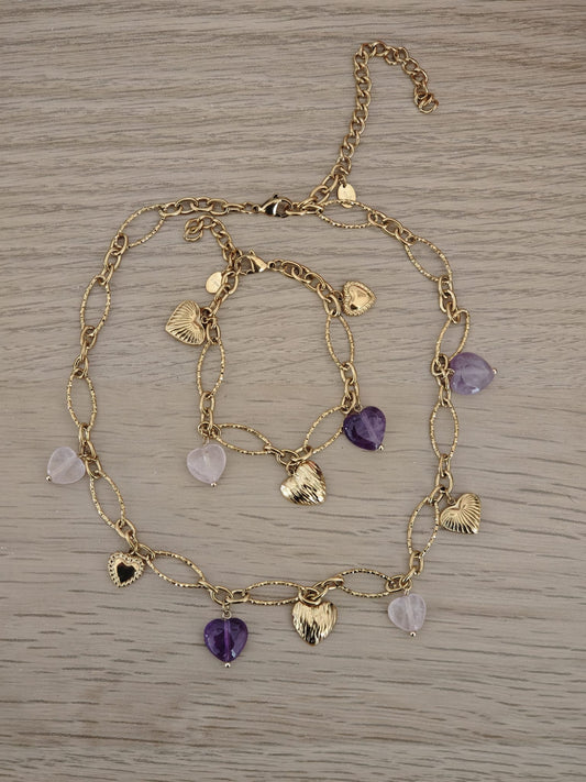 Parure Coeur améthyste (Collier & Bracelet)